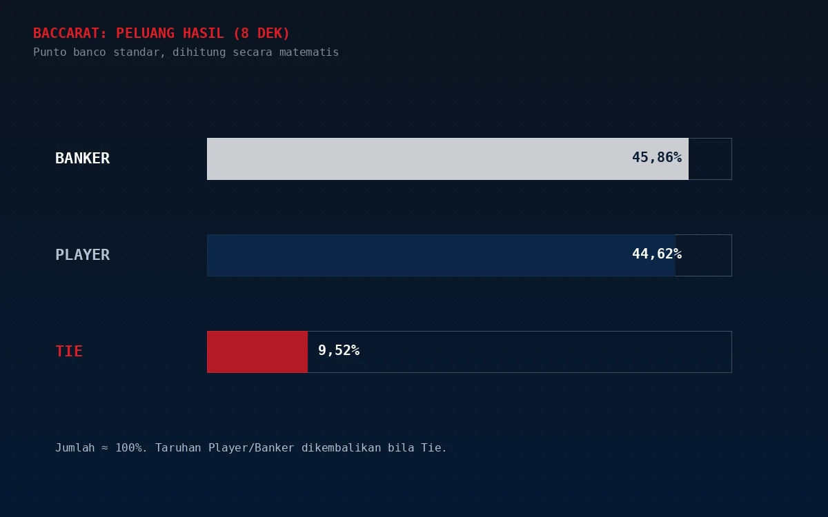 Diagram batang peluang hasil baccarat delapan dek: Banker 45,86%, Player 44,62%, Tie 9,52%
