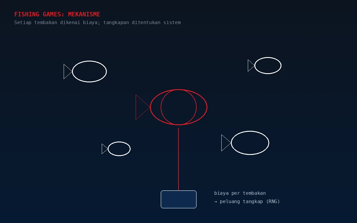 Diagram konsep fishing games: target ikan bergerak, tembakan dengan biaya, dan peluang tangkap yang ditentukan RNG