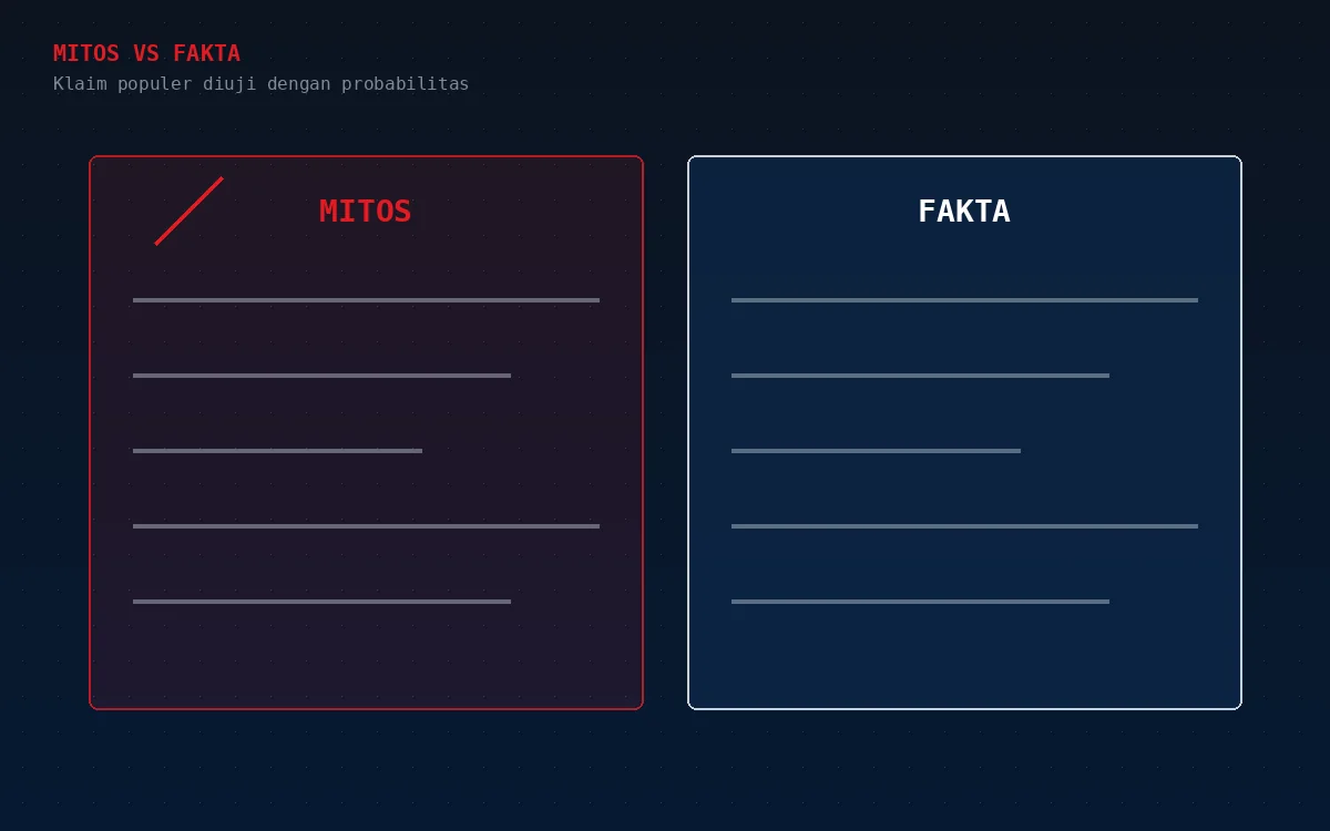 Dua panel bertuliskan Mitos dan Fakta: klaim populer diuji dengan probabilitas